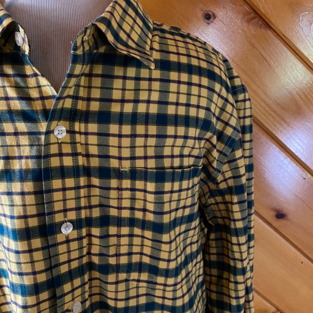 LL Bean Men's Plaid Button Down Shirt Yellow Blue Slightly Fitted M Flannel